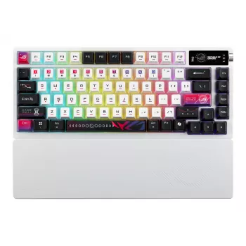 Mechaniczna klawiatura gamingowa ASUS ROG Azoth X — układ 75%, USB + RF Wireless + Bluetooth, RGB, podpórka pod nadgarstki, czarno-biała