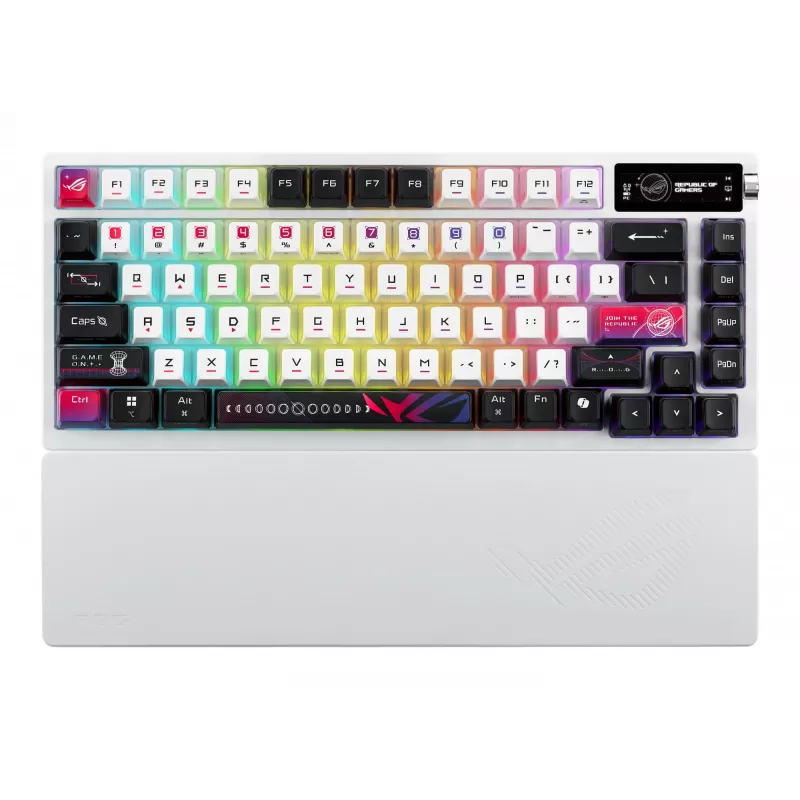 Mechaniczna klawiatura gamingowa ASUS ROG Azoth X — układ 75%, USB + RF Wireless + Bluetooth, RGB, podpórka pod nadgarstki, czarno-biała