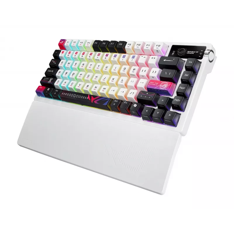 Mechaniczna klawiatura gamingowa ASUS ROG Azoth X — układ 75%, USB + RF Wireless + Bluetooth, RGB, podpórka pod nadgarstki, czarno-biała