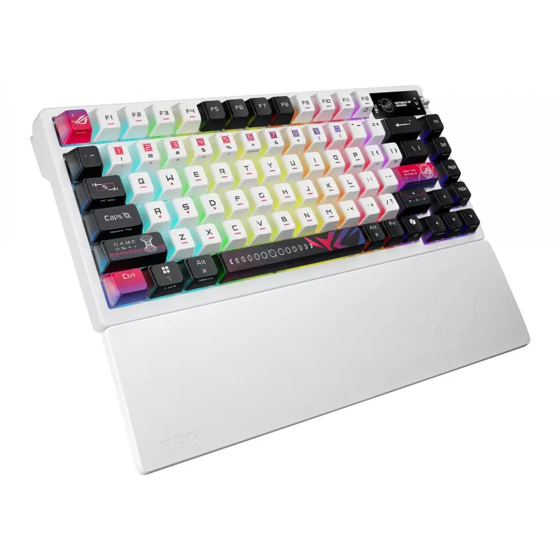 Mechaniczna klawiatura gamingowa ASUS ROG Azoth X — układ 75%, USB + RF Wireless + Bluetooth, RGB, podpórka pod nadgarstki, czarno-biała