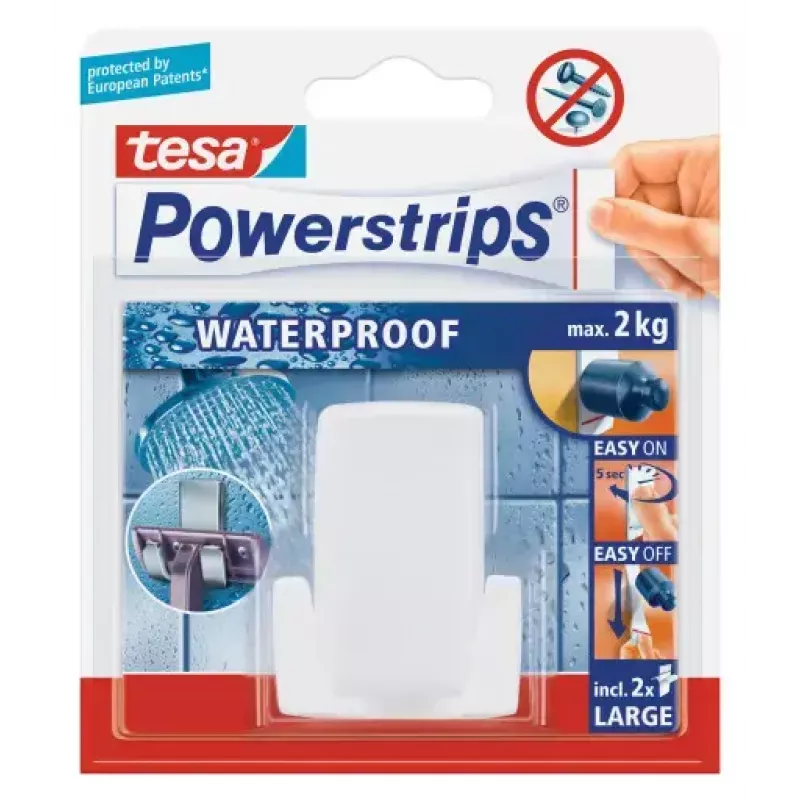 Uchwyt na maszynki do golenia Tesa Powerstrips Waterproof Wave, samoprzylepny uchwyt łazienkowy, wodoodporna konstrukcja, biały