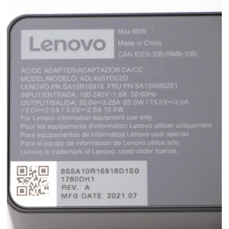 Lenovo 5A10W86251 zasilacz/inwerter Wewnętrzny 65 W Czarny