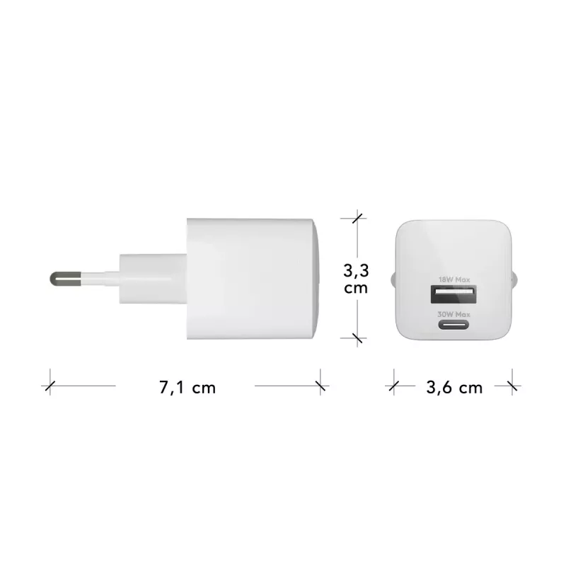 Ładowarka sieciowa USB-C 30W + USB-A 18W d bramante — model CH18EUWH7082, Biały, AC 110–240V