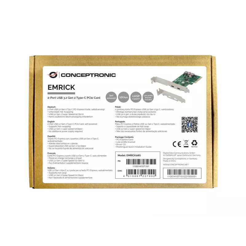 Karta PCIe Conceptronic EMRICK 2-Port USB 3.2 Gen 2 Type-C, samozasilająca się