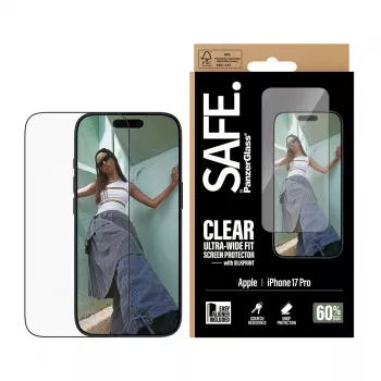 Folia ochronna PanzerGlass SAFE. by na iPhone 17 Pro — Ultra-szeroka folia PET z czarną ramką, aplikacja na sucho, odporna na zarysowania i wstrząsy