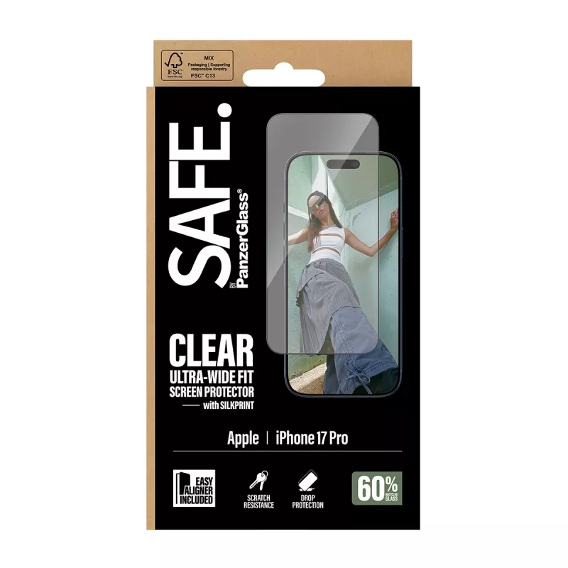 Folia ochronna PanzerGlass SAFE. by na iPhone 17 Pro — Ultra-szeroka folia PET z czarną ramką, aplikacja na sucho, odporna na zarysowania i wstrząsy