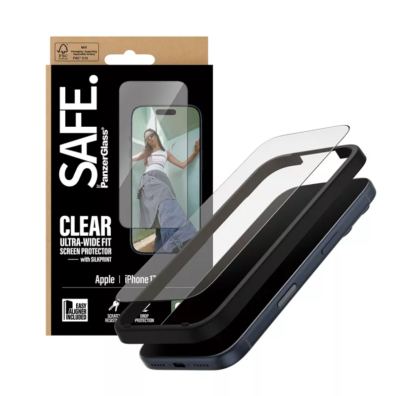 Folia ochronna PanzerGlass SAFE. by na iPhone 17 Pro — Ultra-szeroka folia PET z czarną ramką, aplikacja na sucho, odporna na zarysowania i wstrząsy