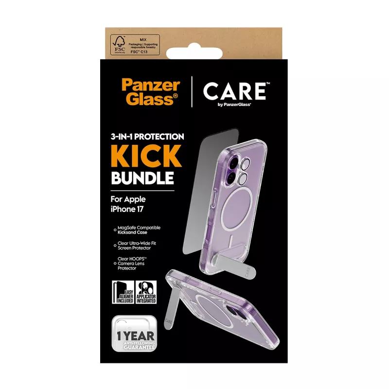 Etui ochronne PanzerGlass CARE Feature Kick 3w1 do iPhone 17 z wbudowanym szkłem ekranu i osłoną obiektywu aparatu