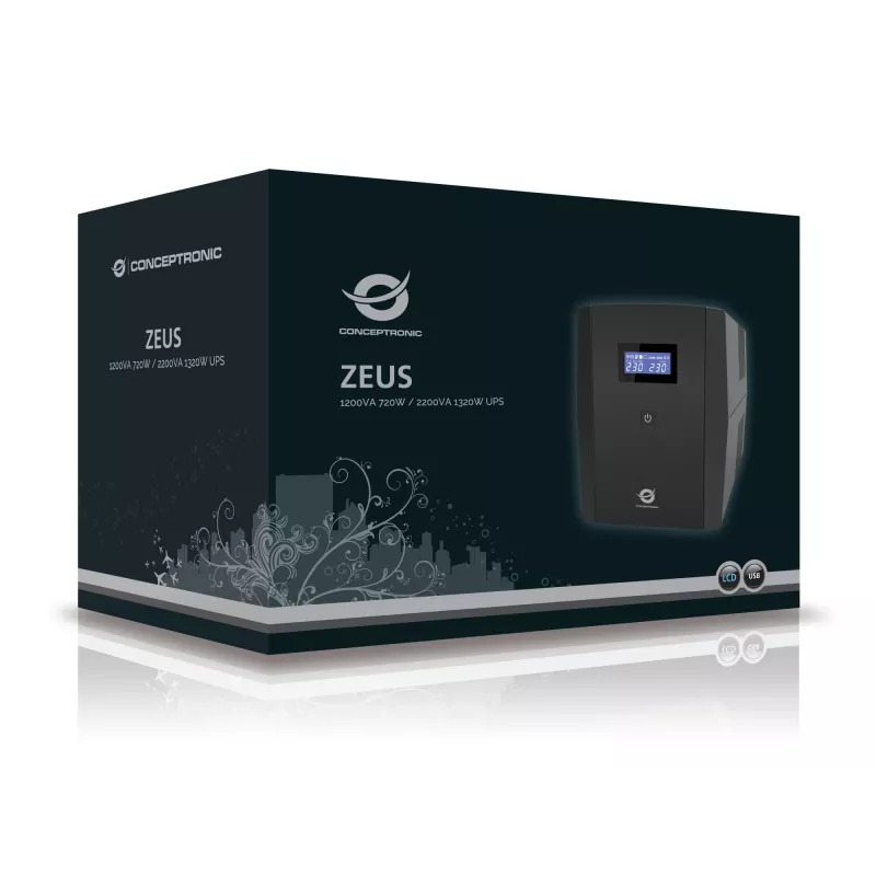 Conceptronic ZEUS 2200VA 1320W UPS, IEC + gniazdo schuko, Line-Interactive, 2.2 kVA, 1320 W, 220 V, 240 V, 220 V