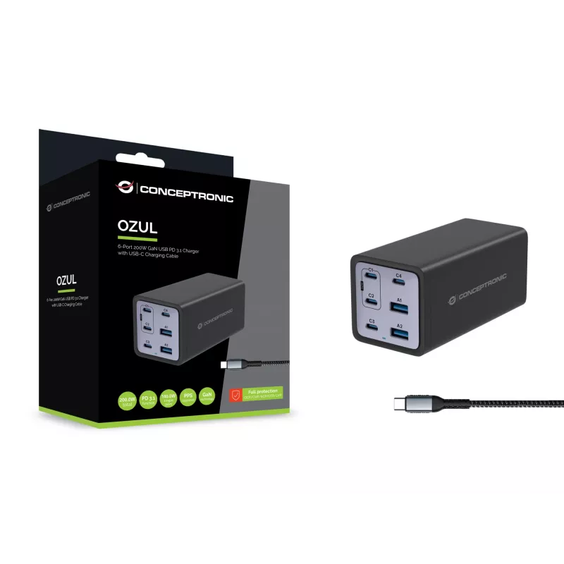 Conceptronic 6-Port 200W GaN USB PD Charger z kablem ładującym USB-C, USB-C x 4, USB-A x 2, QC 3.0, PD 3.1, PPS