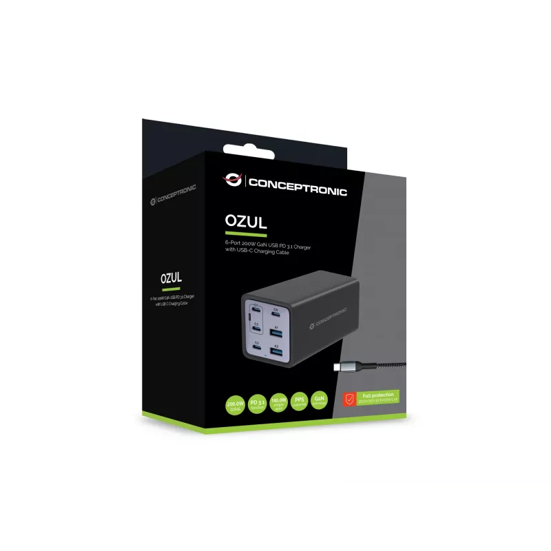 Conceptronic 6-Port 200W GaN USB PD Charger z kablem ładującym USB-C, USB-C x 4, USB-A x 2, QC 3.0, PD 3.1, PPS