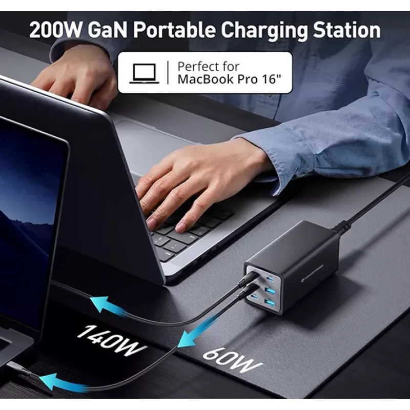 Conceptronic 6-Port 200W GaN USB PD Charger z kablem ładującym USB-C, USB-C x 4, USB-A x 2, QC 3.0, PD 3.1, PPS