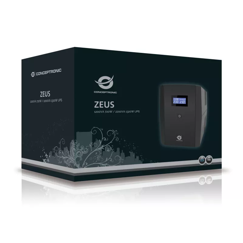 Conceptronic ZEUS 1200VA 720W UPS, gniazdo IEC + schuko, Line-Interactive, 1,2 kVA, 720 W, 220 V, 240 V, 220 V