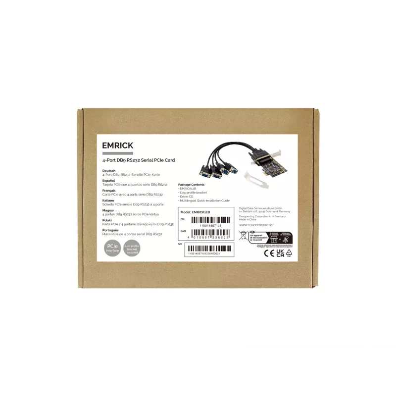 Conceptronic 4-Port DB9 RS232 Serial PCIe Card, PCIe, RS-232, PCIe 2.0, RS-232, Czarny, China