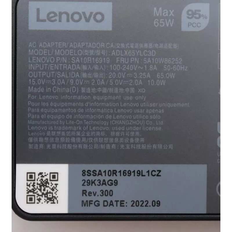 Lenovo 5A10W86252 zasilacz/inwerter Wewnętrzny 65 W Czarny