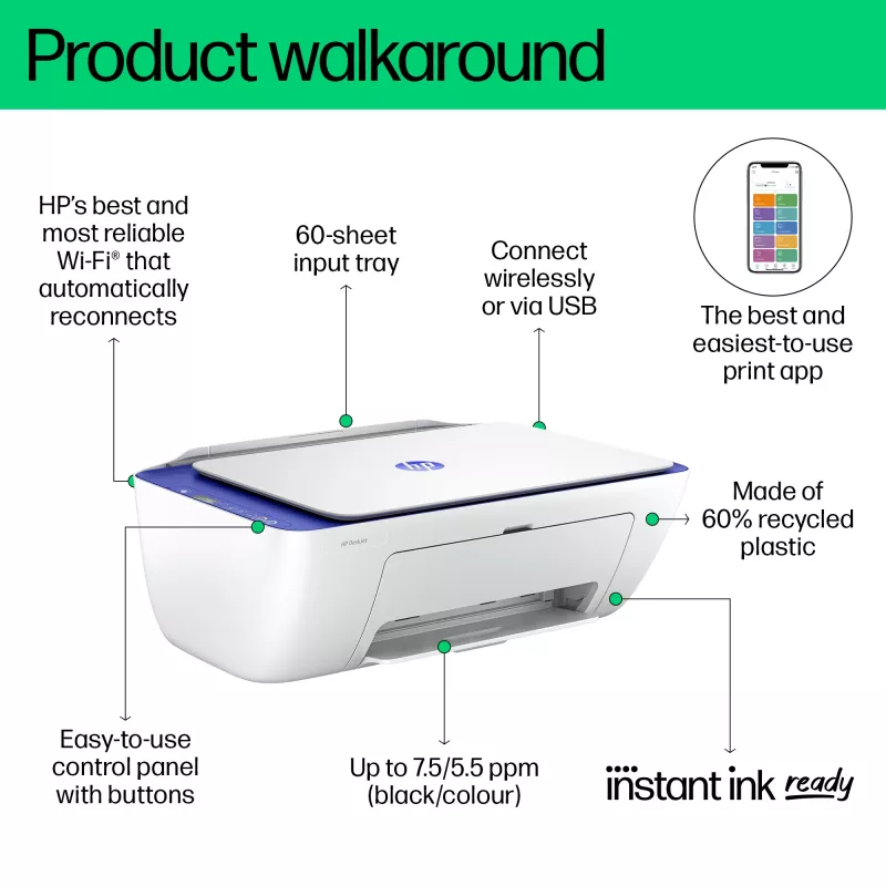 HP DeskJet 2821e Bezprzewodowe wielofunkcyjne kolorowe urządzenie atramentowe, Instant Ink; kopiowanie, skanowanie