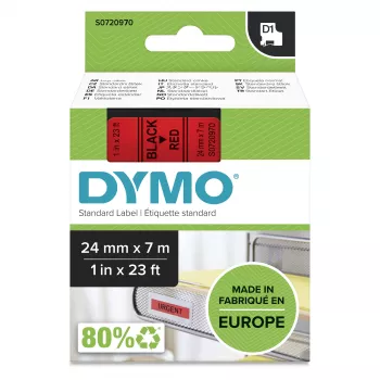 Oryginalne etykiety DYMO D1 | Rolka 24 mm x 7 m | Czarny nadruk na czerwonym | Samoprzylepne etykiety do drukarek etykiet LabelManager