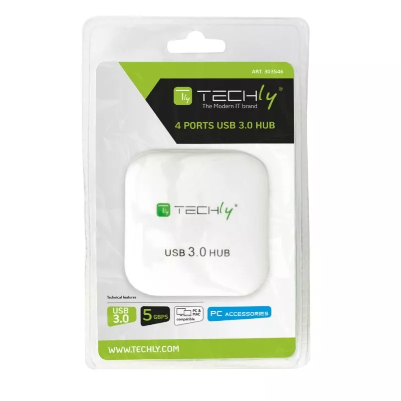 Techly USB 3.0 Super Speed Hub 4 Porty Biały IUSB3-HUB4-WH, USB 3.2 Gen 1 (3.1 Gen 1) Typ-A, 5000 Mbit/s, Biały, 0,8 m, CE, RoHS, USB 2.0 USB 1.1