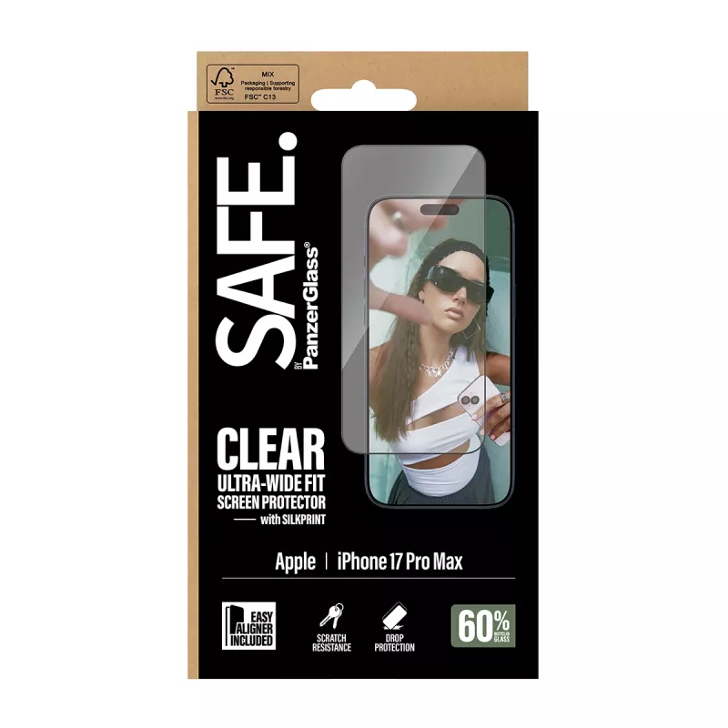 Folia ochronna PanzerGlass SAFE. do iPhone 17 Pro Max – ultra-szeroka folia PET z czarną ramką, EasyAligner, odporna na zarysowania i wstrząsy