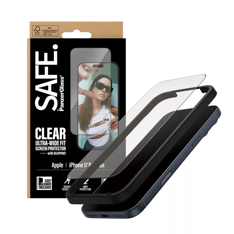 Folia ochronna PanzerGlass SAFE. do iPhone 17 Pro Max – ultra-szeroka folia PET z czarną ramką, EasyAligner, odporna na zarysowania i wstrząsy