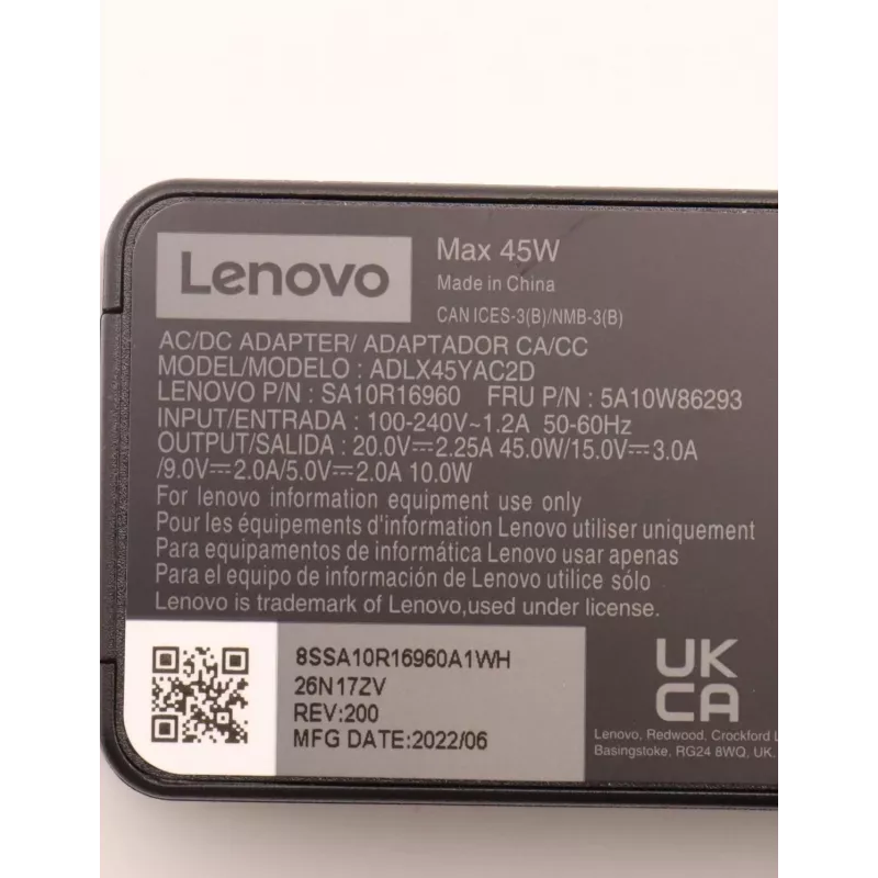 Lenovo 5A10W86293 zasilacz sieciowa Wewnętrzny 45 W Czarny