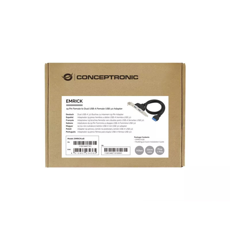 Conceptronic EMRICK11B Adapter wewnętrzny USB 3.0 19-pin żeński na podwójny USB-A żeński