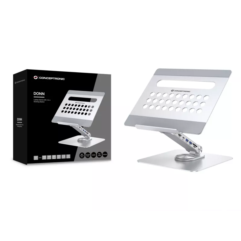 Conceptronic DONN27G, Podstawka pod laptopa, Srebrna, Aluminium, 360°, USB 3.2 Gen 1 (3.1 Gen 1) Typ-C, 5000 Mbit/s