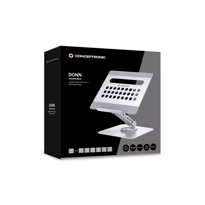 Conceptronic DONN27G, Podstawka pod laptopa, Srebrna, Aluminium, 360°, USB 3.2 Gen 1 (3.1 Gen 1) Typ-C, 5000 Mbit/s