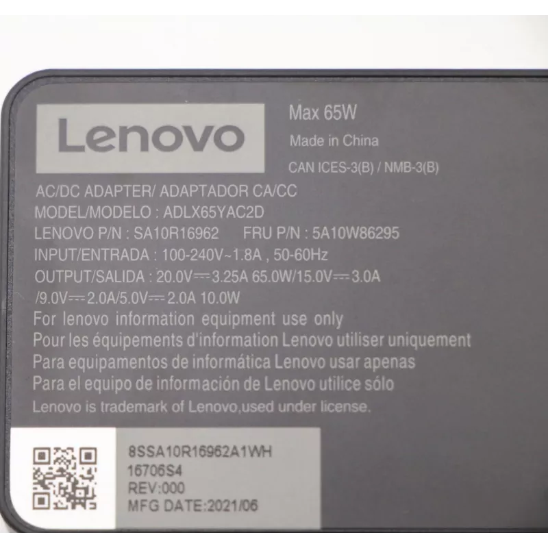 Lenovo 5A10W86295 zasilacz/inwerter Wewnętrzny 65 W Czarny