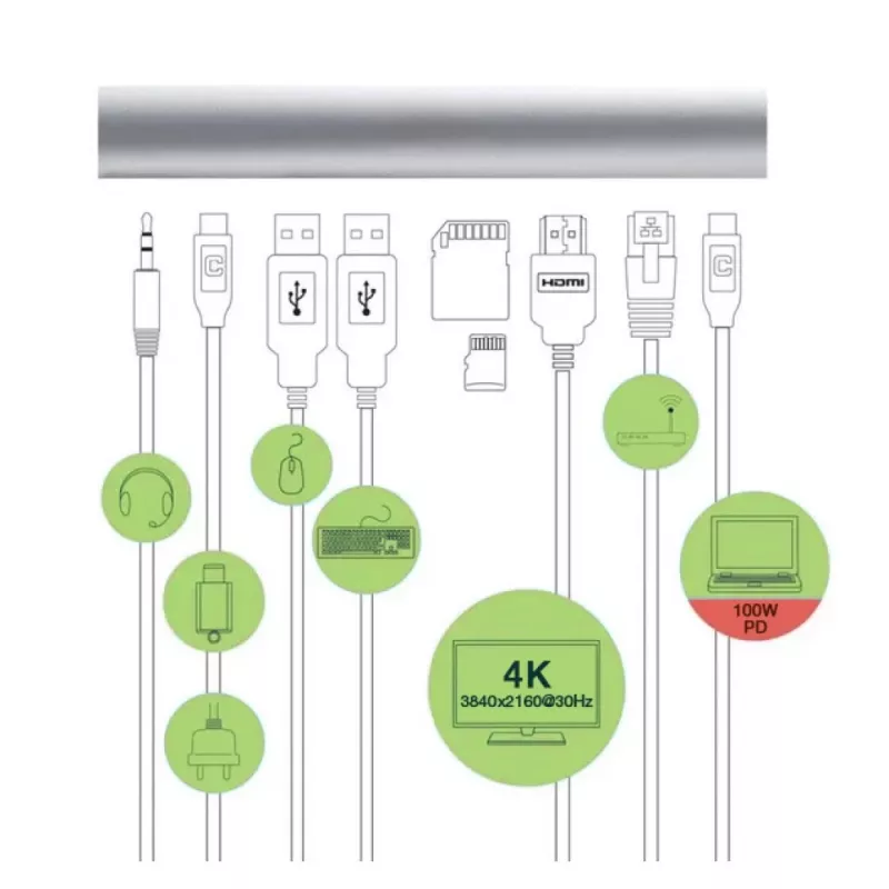 Techly ICA-NTB-DOCK91 Przewodowa stacja dokująca USB 3.2 Gen 1 (3.1 Gen 1) Type-C Srebrna