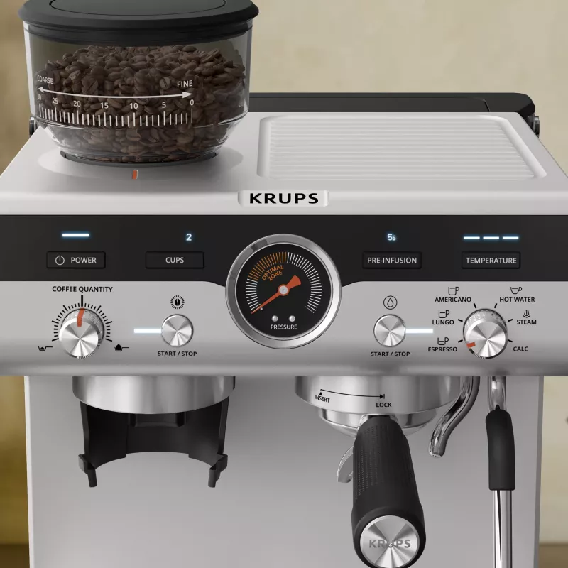 Ekspres do kawy KRUPS XP801T półautomatyczny z wbudowanym młynkiem, zbiornik na wodę 3 L, możliwość parzenia 2 filiżanek, czarny/stal nierdzewna