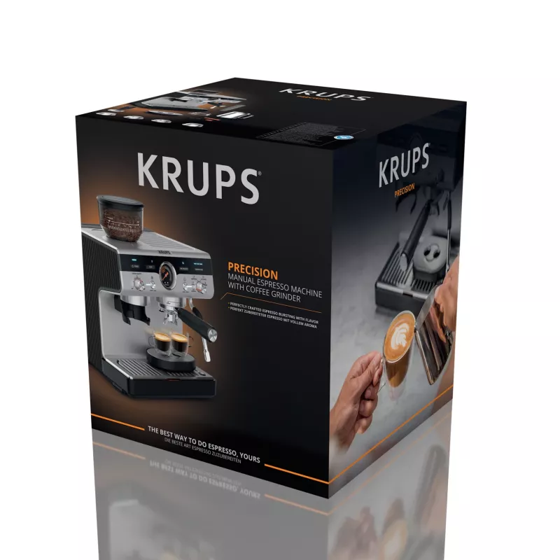 Ekspres do kawy KRUPS XP801T półautomatyczny z wbudowanym młynkiem, zbiornik na wodę 3 L, możliwość parzenia 2 filiżanek, czarny/stal nierdzewna