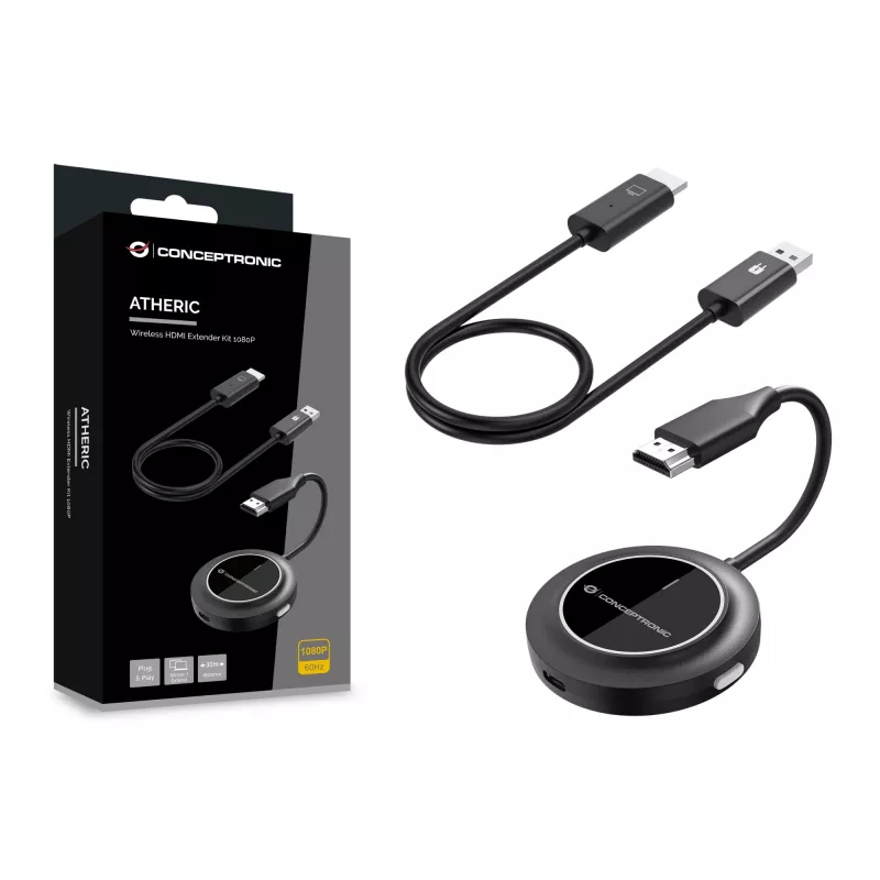 Bezprzewodowy zestaw przedłużacza HDMI CONCEPTRONIC ATHERIC02B — klucz sprzętowy, HDMI/USB, 1080p (1920x1080), zasilany przez USB