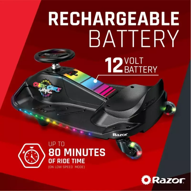 Elektryczny gokart driftowy Razor CRAZY CART Shift Lightshow — akumulator litowo-jonowy, pokaz świetlny LED, 13 km/h, 40 min