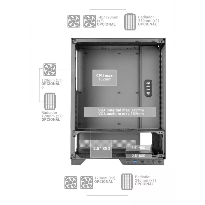 Obudowa PC TACENS MARS MC-PULSAR LCD ATX Midi Tower, szkło hartowane, przedni LCD, USB-C, obsługa GPU 33.2 cm