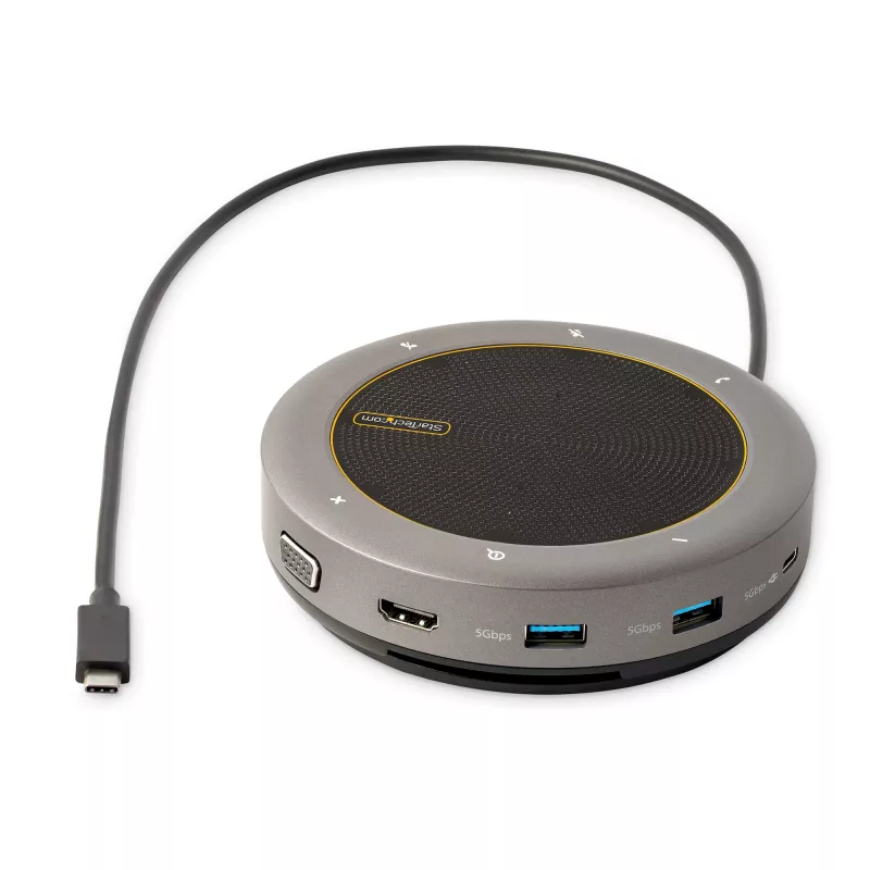 StarTech.com USB-C głośnik konferencyjny ze stacją dokującą, mini przenośny głośnik konferencyjny i stacja audio, USB-C do VGA/4K HDMI, hub 2x USB-A, mikrofon/głośnik, głośnik konferencyjny Teams/Zoom/Softphone