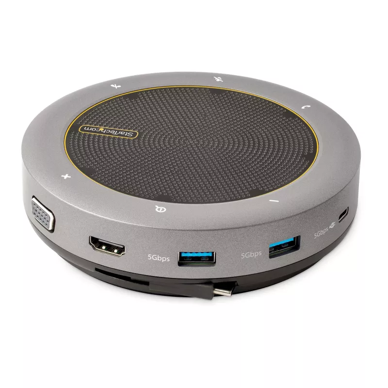 StarTech.com USB-C głośnik konferencyjny ze stacją dokującą, mini przenośny głośnik konferencyjny i stacja audio, USB-C do VGA/4K HDMI, hub 2x USB-A, mikrofon/głośnik, głośnik konferencyjny Teams/Zoom/Softphone