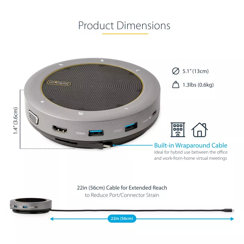 StarTech.com USB-C głośnik konferencyjny ze stacją dokującą, mini przenośny głośnik konferencyjny i stacja audio, USB-C do VGA/4K HDMI, hub 2x USB-A, mikrofon/głośnik, głośnik konferencyjny Teams/Zoom/Softphone