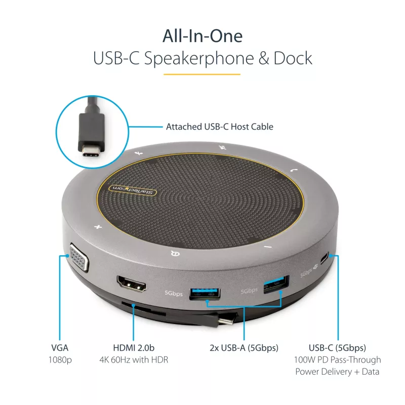 StarTech.com USB-C głośnik konferencyjny ze stacją dokującą, mini przenośny głośnik konferencyjny i stacja audio, USB-C do VGA/4K HDMI, hub 2x USB-A, mikrofon/głośnik, głośnik konferencyjny Teams/Zoom/Softphone