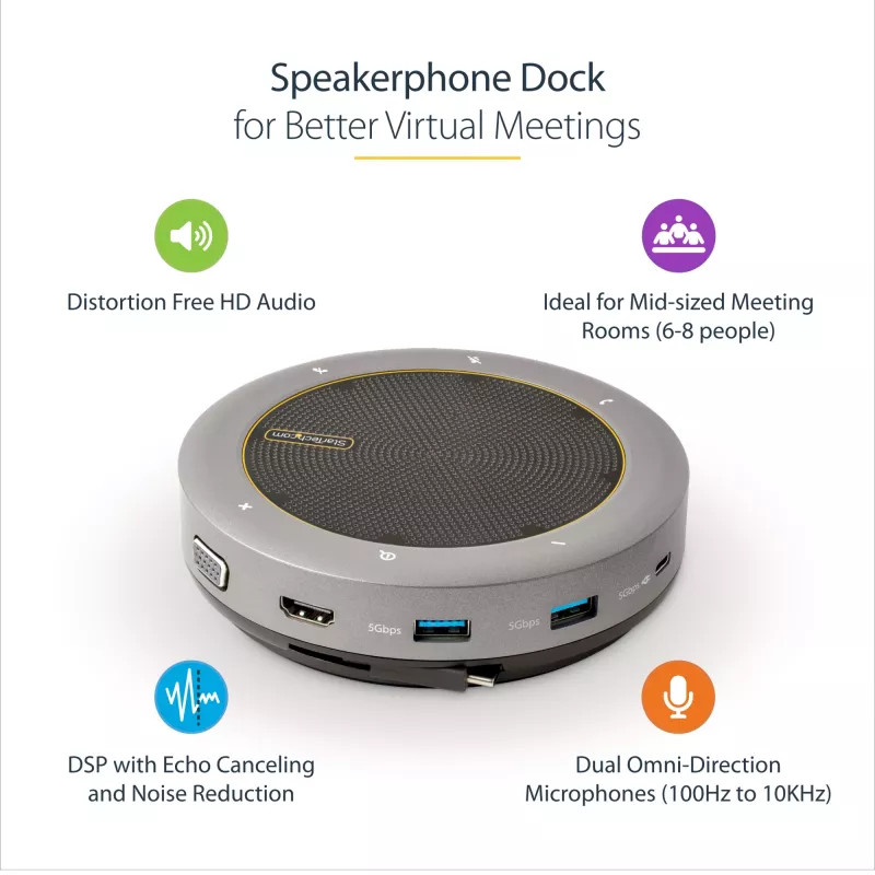 StarTech.com USB-C głośnik konferencyjny ze stacją dokującą, mini przenośny głośnik konferencyjny i stacja audio, USB-C do VGA/4K HDMI, hub 2x USB-A, mikrofon/głośnik, głośnik konferencyjny Teams/Zoom/Softphone