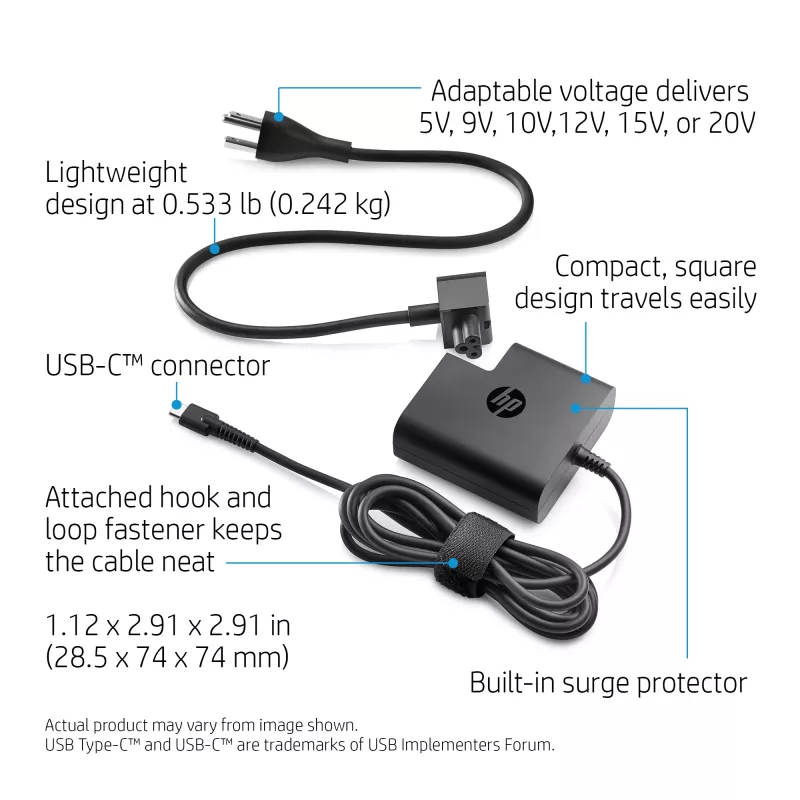 AC USB-C Travel Power Adapter 65W — HP — kompaktowa ładowarka sieciowa 100–240 V, czarna, 74×74×28,5 mm