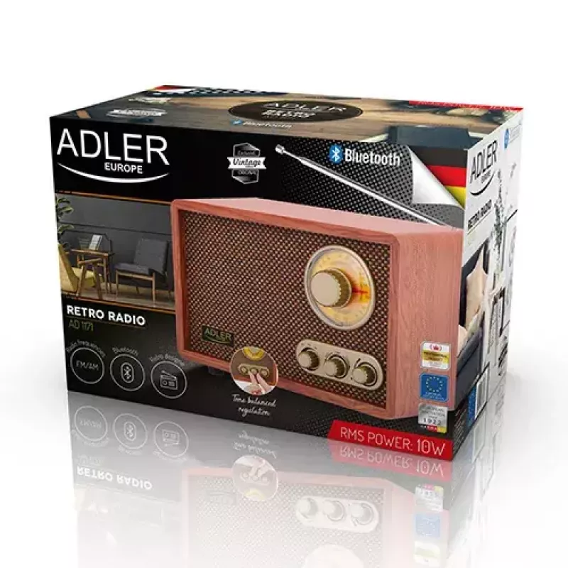 Radio przenośne Adler AD 1171 — AM/FM, 10 W RMS, Bluetooth, antena zewnętrzna, brązowy, 290×200×172 mm