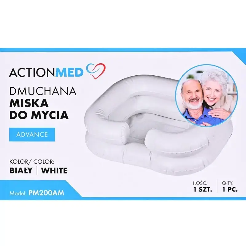 Nadmuchiwana miska do mycia ActionMed PM200AM — przenośna prostokątna umywalka higieniczna, biała, z pompką i wężem