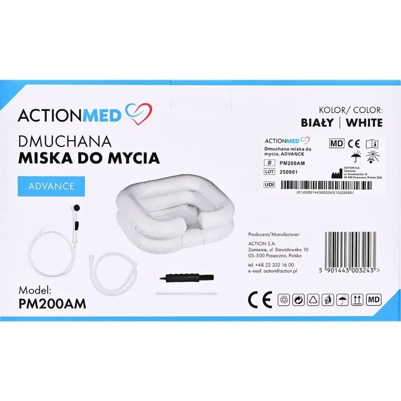 Nadmuchiwana miska do mycia ActionMed PM200AM — przenośna prostokątna umywalka higieniczna, biała, z pompką i wężem