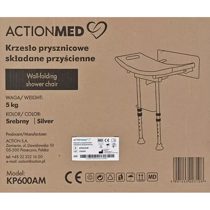 Składane krzesełko prysznicowe montowane na ścianie ActionMed KP600AM — białe, ergonomiczne siedzisko, regulowane antypoślizgowe nóżki, 3 kg