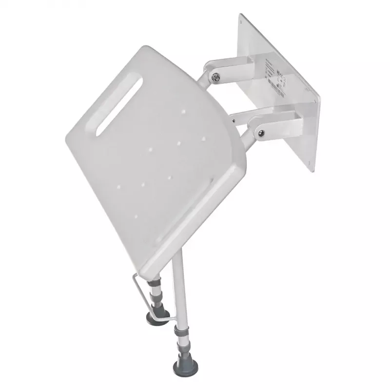 Składane krzesełko prysznicowe montowane na ścianie ActionMed KP600AM — białe, ergonomiczne siedzisko, regulowane antypoślizgowe nóżki, 3 kg