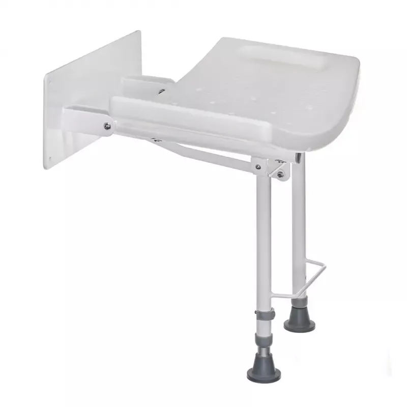 Składane krzesełko prysznicowe montowane na ścianie ActionMed KP600AM — białe, ergonomiczne siedzisko, regulowane antypoślizgowe nóżki, 3 kg