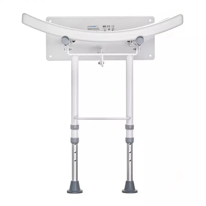 Składane krzesełko prysznicowe montowane na ścianie ActionMed KP600AM — białe, ergonomiczne siedzisko, regulowane antypoślizgowe nóżki, 3 kg