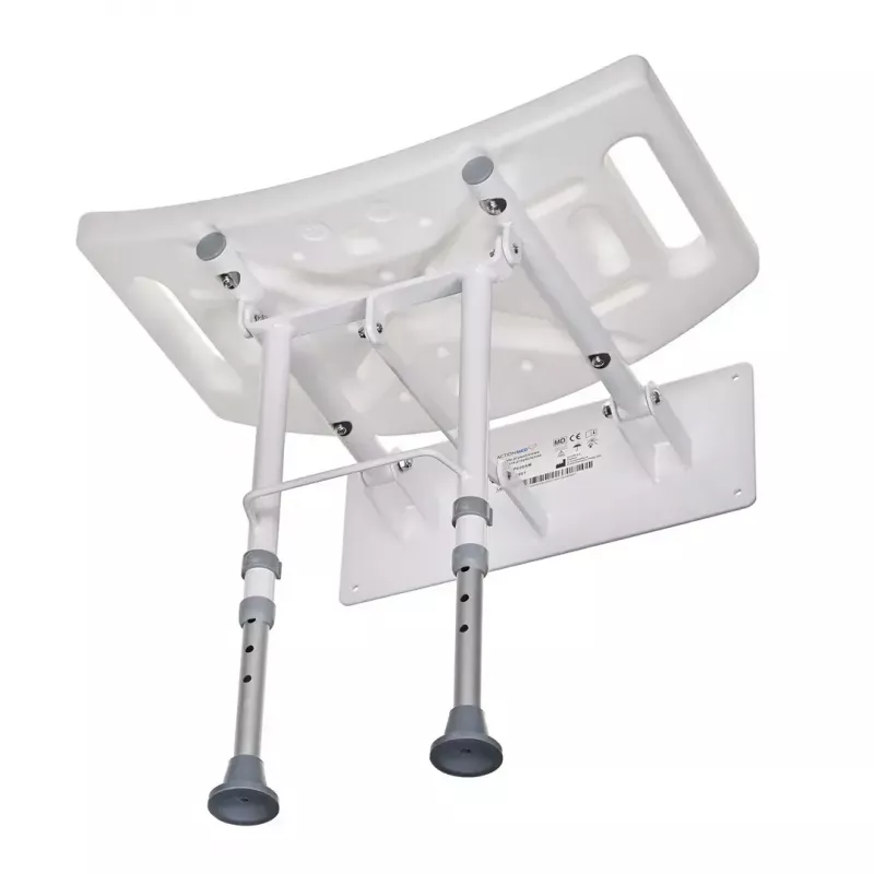 Składane krzesełko prysznicowe montowane na ścianie ActionMed KP600AM — białe, ergonomiczne siedzisko, regulowane antypoślizgowe nóżki, 3 kg