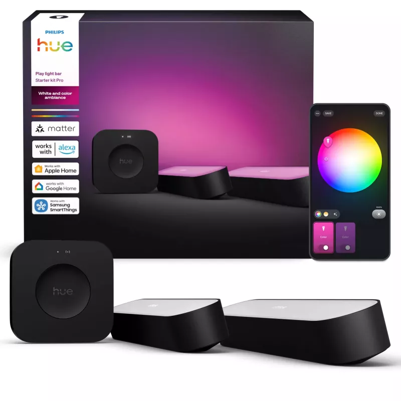 Zestaw startowy Philips Hue Play light bars — 2 listwy świetlne Play + Hue Bridge Pro, Bluetooth, czarny, wtyczka typu C